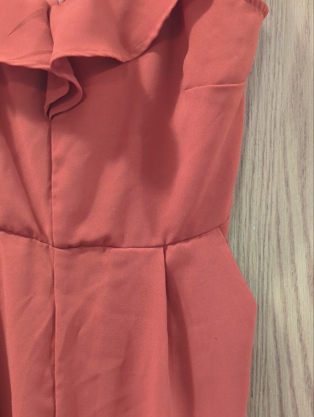 Rust Red Ruffled V-Neck Jumpsuit With Tieback - Picture 7 of 7